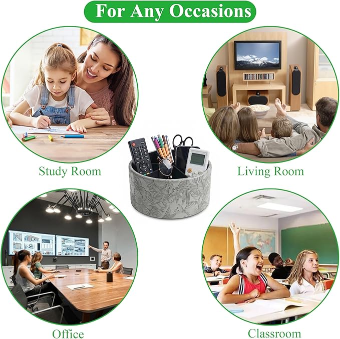 Remote Control Holder, 360°Spinning PU Leather Desk TV Remote Caddy,Desk Storage Box Room Accessories for Controller, Media,Mail,Calculator, Mobile Phone,Pencil(1-Carved Grey)