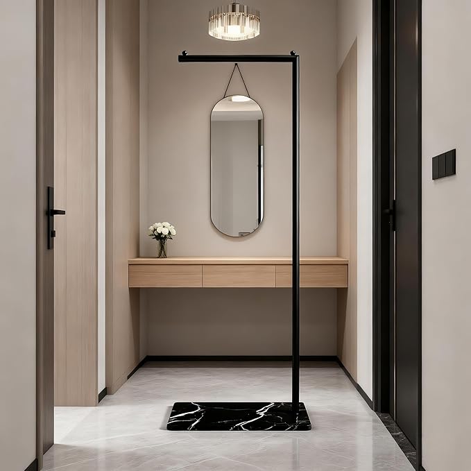 Black Clothing Rack with Marble Base,Freestanding Garment Rack for Hanging Clothes,Modern Coat Rack, Minimalist Clothes Rack for Small Spaces,Bedroom,Entryway,Boutique Display