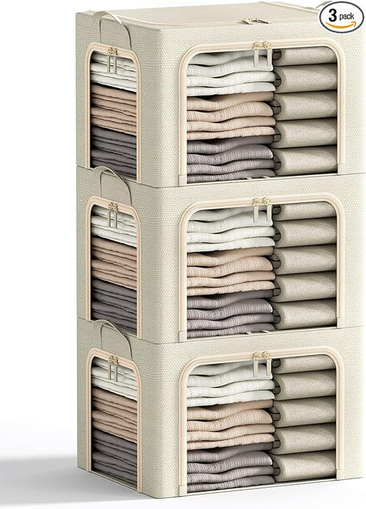 3 Openings Clothes Storage Bins with Metal Frame, Foldable Storage Bin for Clothes, Clothing Storage Bins with Lid, Linen Storage Box With Clear Window＆ Zippers＆ Durable Handles.(3 Pcs,Beige,40L)