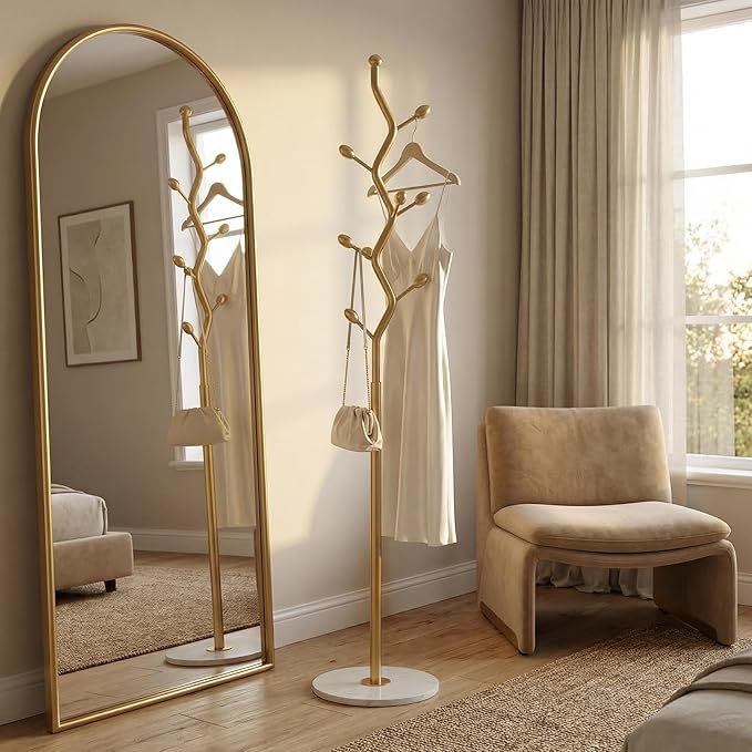 Tree Branch Gold Powder Coated Freestanding Coat Rack with 13.8in Marble Base, 8-Hook Heavy Duty for Entryway