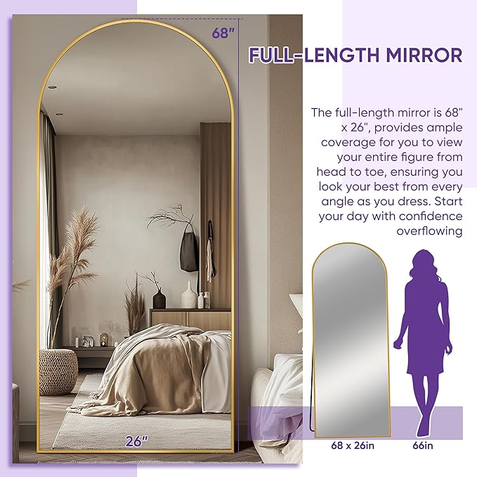 Full Length Mirror, Arched Floor Mirror Freestanding, Floor Standing Full Body Mirror with Stand for Bedroom, Hanging Mounted for Living Room Cloakroom