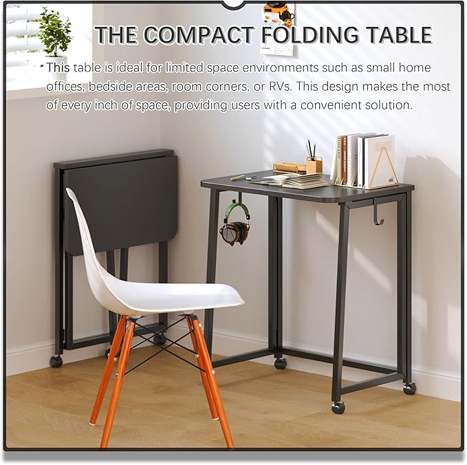 4NM 23.6" Mobile Small Folding Desk, Foldable Rolling Computer Home Office Desk, Study Writing Table for Small Space Saving Bedroom, with Wheels - All Black