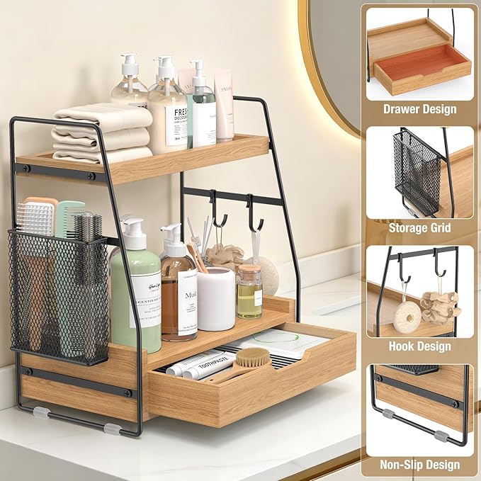 2-Tier Bathroom Counter Organizer with Drawer and Removable Basket, Wood Vanity Countertop Storage for Perfume, Makeup, Skincare, Bathroom Counter Shelf, Moisture-Resistant, Light Brown