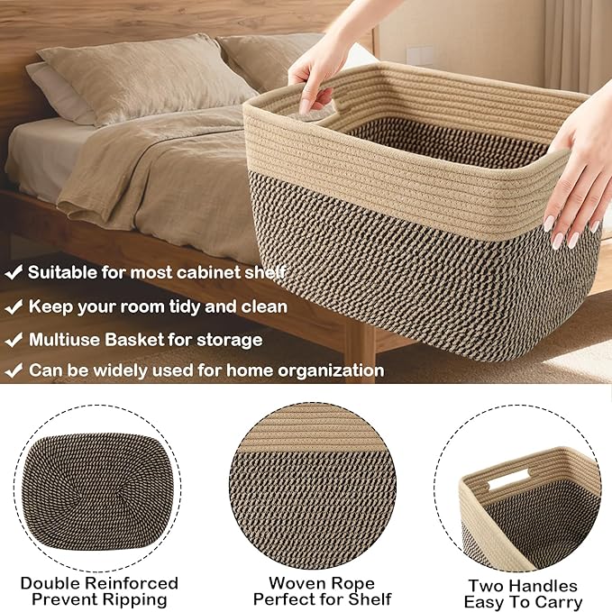 3 Pack Woven Rope Storage Baskets for Shelves,13.5"×11"×9.5" Storage Bins with Handles,Empty Gift Baskets,Nursery Organizer for Toys,Towels,Books,Closet,Living Room,Bedroom (Jute&Black)