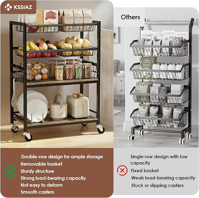 Fruit Vegetable Storage Cart, 4-Tier Rolling Kitchen Storage Cart, Fruit & Vegetables Basket Stand, Snack Organizer Shelf Unit for Kitchen, Bathroom, Living Room, Office, Balcony, Black