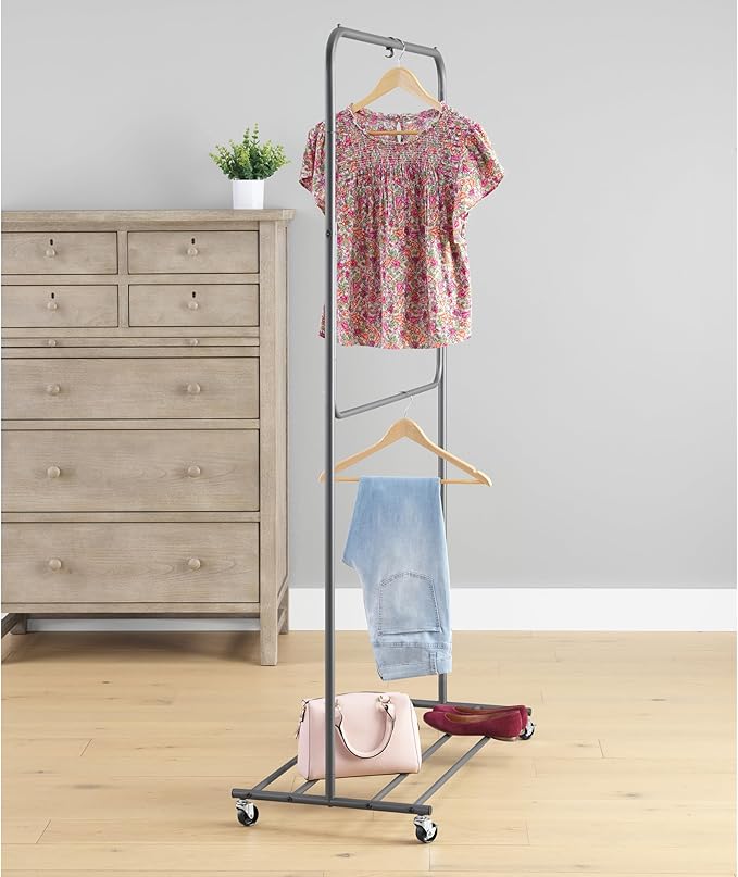 Whitmor Garment Rack - Convertible Single to Double Rod, Mobile with Locking Wheels for Long Garments, Laundry Room, Bedroom, Gray