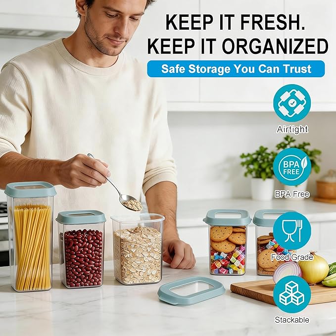 Airtight Food Storage Containers 5-Piece Set, BPA-Free Plastic Kitchen Canisters with Secure Snap Lock Lids for Cereal, Pasta, Snacks, Flour & Pantry Organization