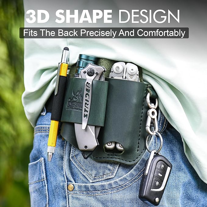 FLYHOMES Genuine Leather Multitool Sheath | Handmade Stitched EDC Belt Organizer for Leatherman Surge | Flashlight, Knife Holster, Pen & Tools Pouch | Dark Green (Large)