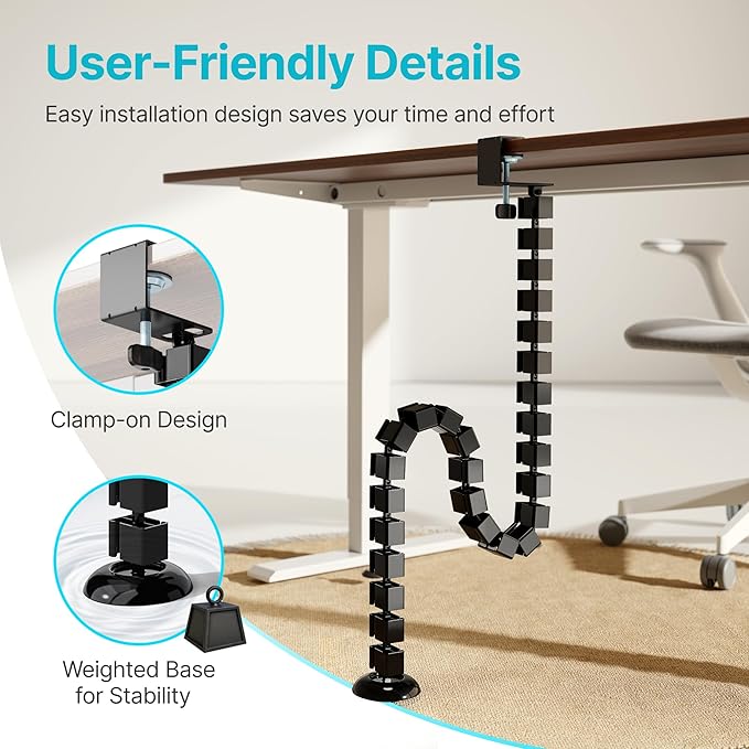PEGZONE Under Desk Cable Management Spine – Flexible Cable Snake Organizer for Standing Desk, No Drill Clamp-on Vertebrae Wire Management for 0.4"-2" Table, Black