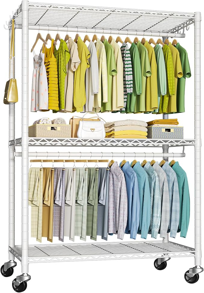 FUTASSI P3 Plus Rolling Clothes Rack, Clothing Racks for Hanging Clothes, Heavy Duty Garment Rack with Wheels, Freestanding Portable Closet Racks 45" W x 14" D x 78.5" H, Max Load 480 LBS, White