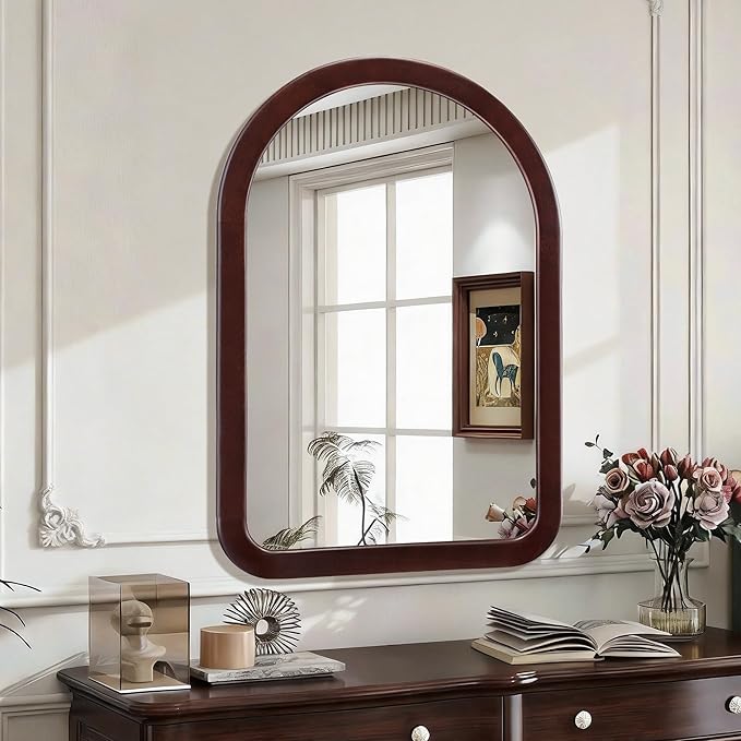 Arched Mirror 24 x 36 Inch,Dark Walnut Brown Wood Rustic Bathroom Tempered Wall Mirror with Wood Frame,Round Corner Arch Farmhouse Wooden Vanity Mirror for Living Room,Entryway or Bedroom