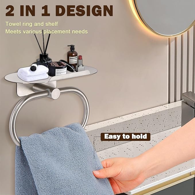 Hand Towel Ring with Shelf, Stainless Steel Hand Towel Holder, Heavy Duty Bath Accessories, Wall Mounted Towel Hanger for Bathroom Kitchen (Brushed Nickel)