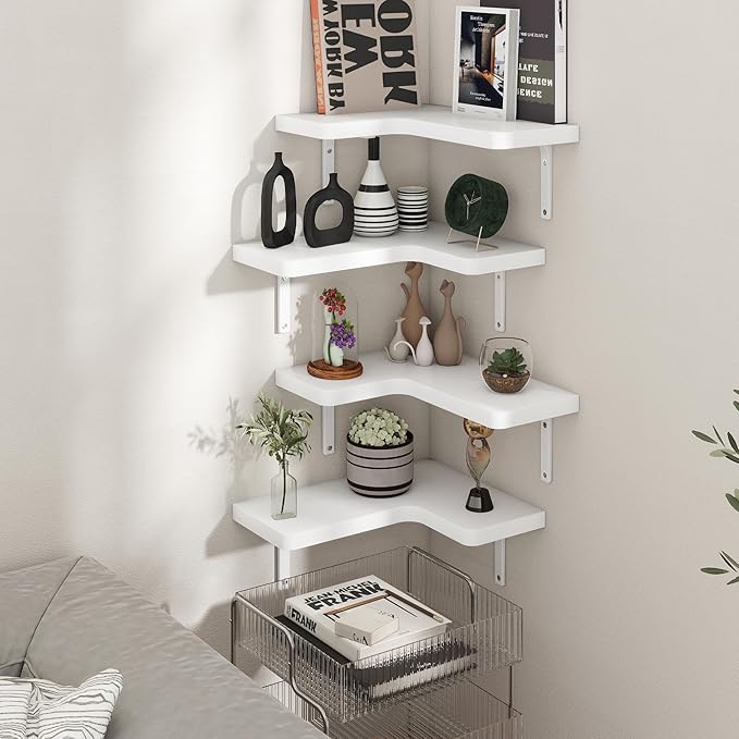 Venusmiles Corner Floating Shelves Set of 4, Wall Mounted L-Shaped Storage - Maximize Unused Corner Space in Bathroom, Kitchen, Bedroom, Office, Pearl White