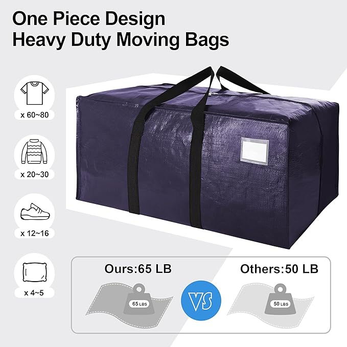 VELVETSURE 12 Pack Heavy Duty Large Moving Bags W/Backpack Straps - Strong Handles & Zippers, Storage Totes, Fold Flat, Alternative to Moving Box and Storage Bin, Semi-Transparent+Blue+Black