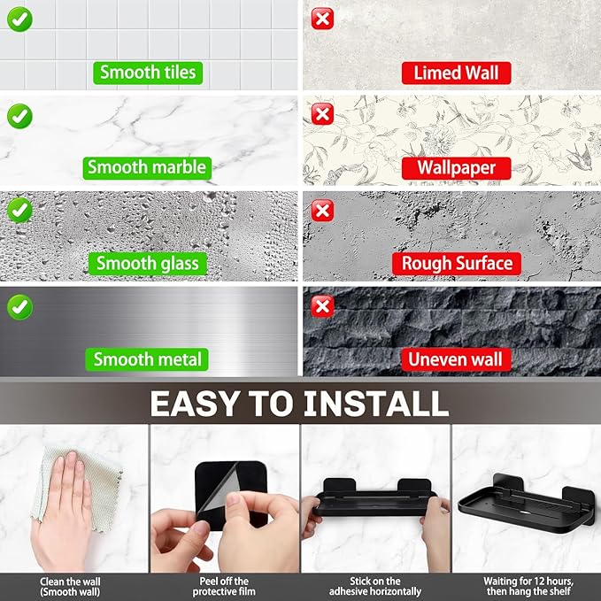 FAYYGYH 2 Pack Adhesive Floating Shelves No Drill Small Floating Shelf for Wall Storage Damage-Free Wall Mounted Organizer for Bathroom, Kitchen, Bedroom & Office (Black)