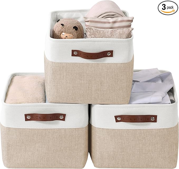 DECOMOMO Storage Bins, Large Fabric Storage Baskets for Shelves, Decorative Linen Closet Organizer, 15 x 11 x 9.5 inches (Beige & White, 3 Pack)