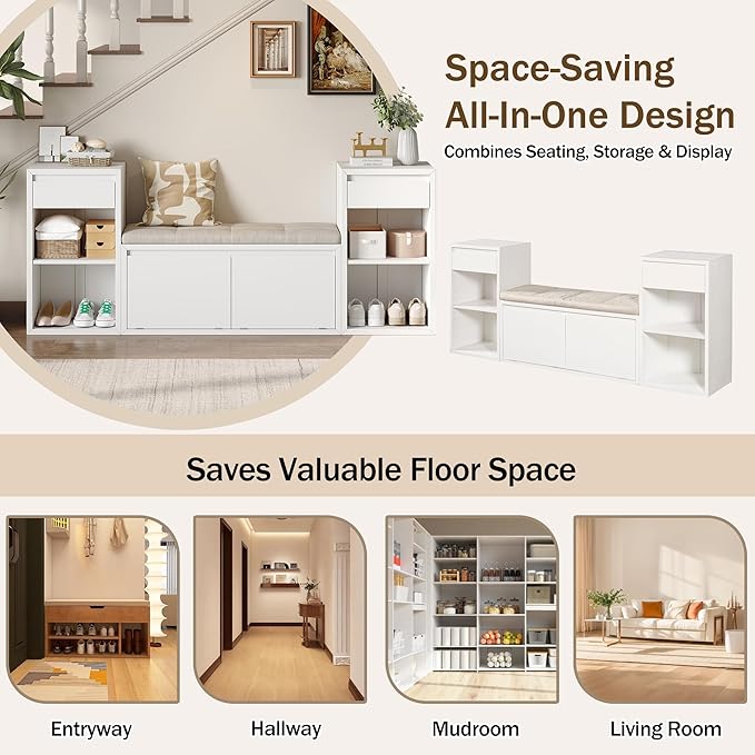Merax All-in-One Shoe Storage Bench with Cushion & Flip Compartments, Entryway Bench with Drawers and Open Shelves, Solid Wood Storage Bench for Mudroom Hallway Living Room, White