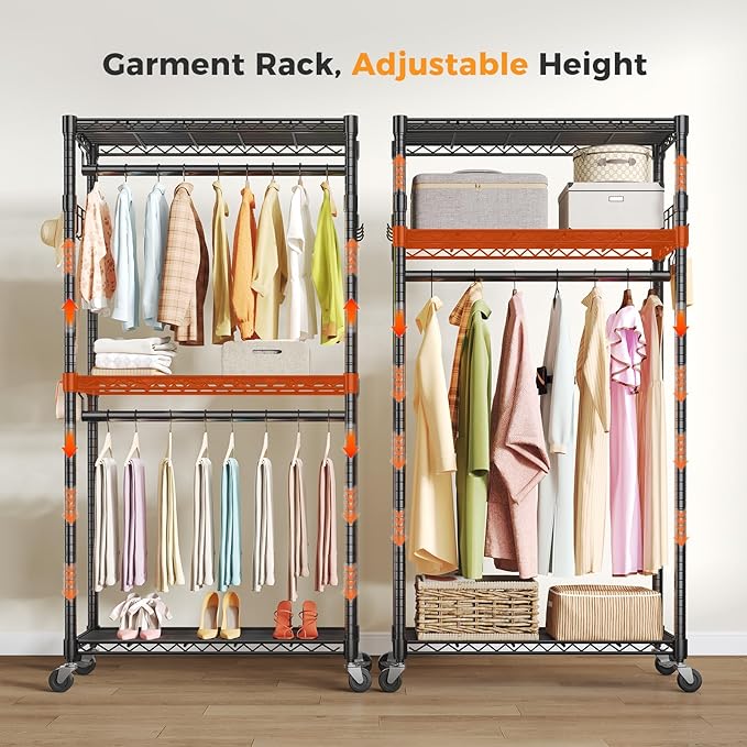 OLIXIS Clothes Rack Heavy Duty Adjustable Garment Clothing Rack with Wheels, Rolling Metal Freestanding Closet Organizer for Hanging Clothes with 2 Side Hooks, Double Rods, 35" x 15" x 75", Black