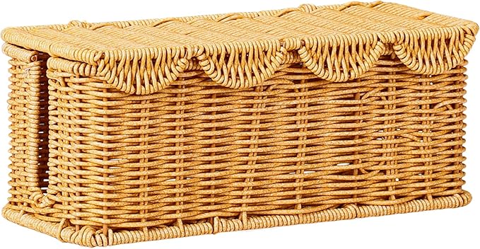 Scalloped Handwoven Rattan Cable Management Basket, 2 Open Slots Plastic Wicker Cord Hider Box for TV Wires Computer Router USB Hub Strip