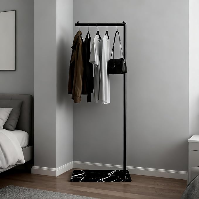 Black Clothing Rack with Marble Base,Freestanding Garment Rack for Hanging Clothes,Modern Coat Rack, Minimalist Clothes Rack for Small Spaces,Bedroom,Entryway,Boutique Display