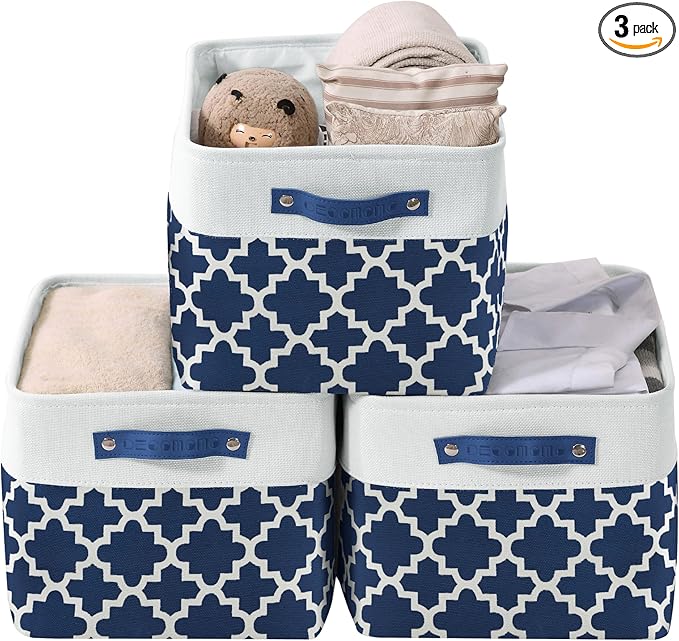 DECOMOMO Blue Storage Bins Fabric Storage Baskets for Shelves, Linen Closet Organization Toys Nursery (Blue Patterns, Large - 3 Pack)