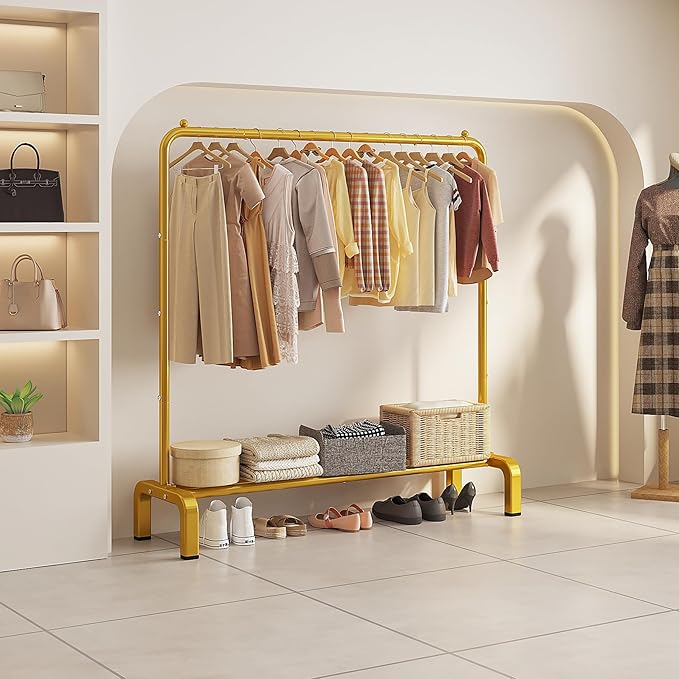 JIUYOTREE Metal 43.3 Inches Garment Rack with Bottom Shelf Clothing Rack for Hanging Clothes Coats Skirts Shirts Sweaters Gold