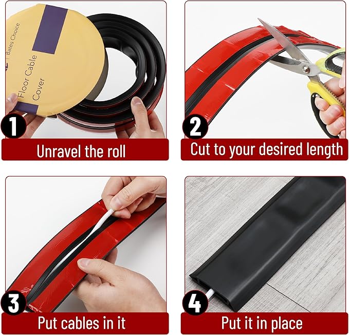 Bates- Floor Cord Cover, 5ft, Cable Cavity 0.6" (W) x 0.31" (H), Heavy Duty Wire Protector, PVC Extension Cords Hider, Protect Cords, Prevent Cable Trips, Cord Hider for Office, Home, Outdoor