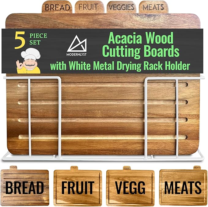 Acacia Cutting Boards for Kitchen with Holder 13" x 11" x 2.5" | Labeled Wood Cutting Board Sets | Large Wooden Cutting Board Set with Black Organized Stand (Acacia White Holder)