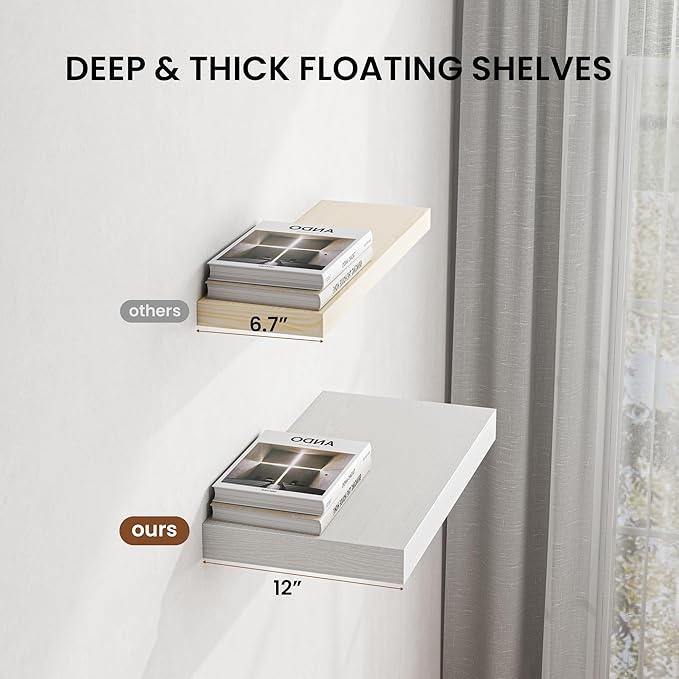 Dreamland 40" Floating Shelves for Wall, 12" Deep Thicker White Floating Shelves, Wall-Mounted Shelves for Bedroom, Living Room, Kitchen, Bathroom - Set of 2