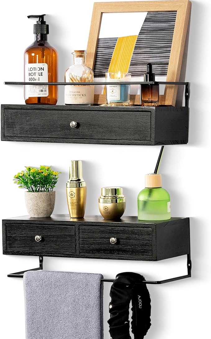 DreamPossible Floating Shelves - Wall Mounted Bathroom Shelf Set of 2 with Drawers, Rustic Wood Shelves for Bedroom, Living Room, Kitchen, Home Decor, Plants, Books (Black)