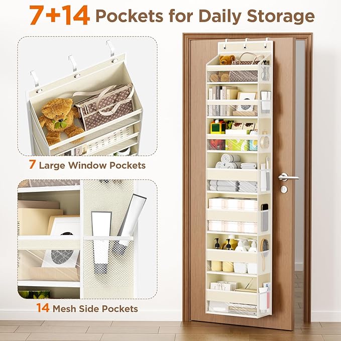 Mefirt Over The Door Organizer, 7 Tier Door Hanging Organizers with 7 Large Pockets 14 Side Pockets, Behind Door Storage Hanging Shelves for Closet Bathroom Bedroom Nursery