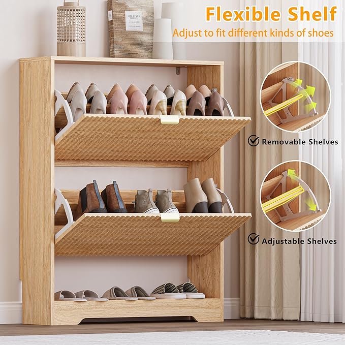 BORNOON Shoe Cabinet with 2 Flip Drawers, Fluted Shoe Storage Cabinet with Adjustable Shelves, Freestanding Rack and Organizer for Entryway, Hallway
