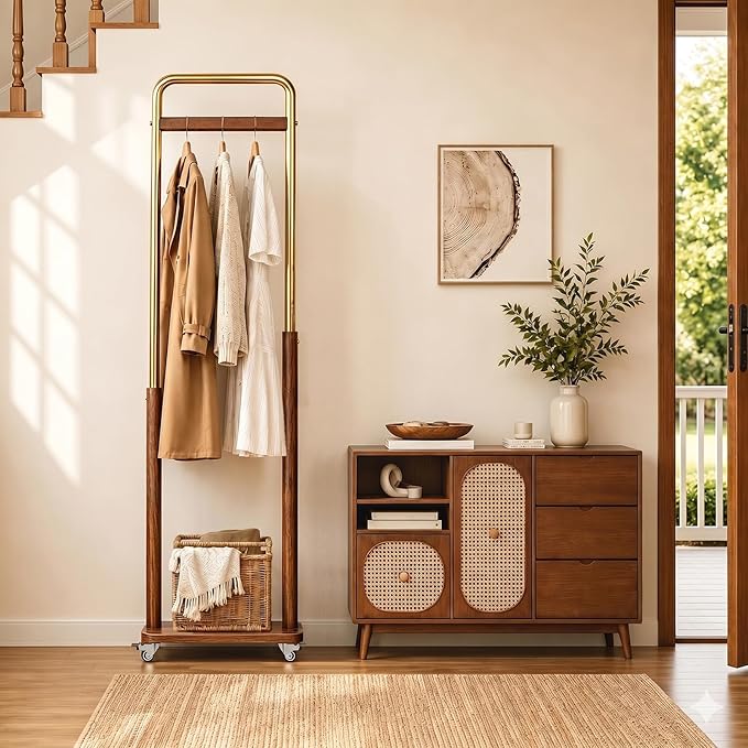 Taitiy Clothes Rack Solid Wood Coat Rack, Metal and Solid Wood Combination Clothing Rack with Wheels for Entryway, Bedroom, Living Room, Coat Racks Freestanding for Hanging Clothes Garment Scarf