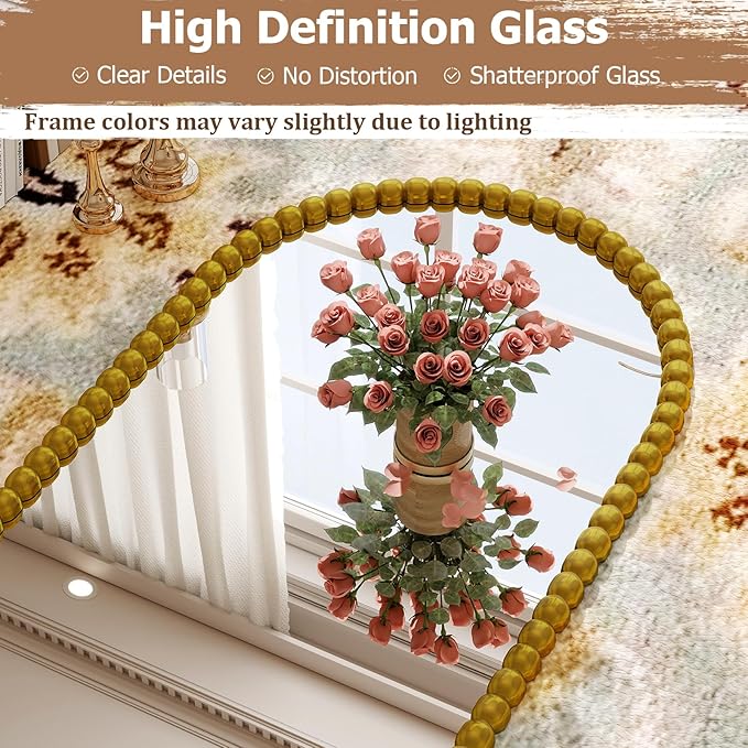 28"x71" Gold Arched Full Length Mirror, Vintage Beaded Decorative Floor Full Body Dressing Mirror as Room Decor Hanging Leaning Standing for Living Room, Bedroom, Vanity Area