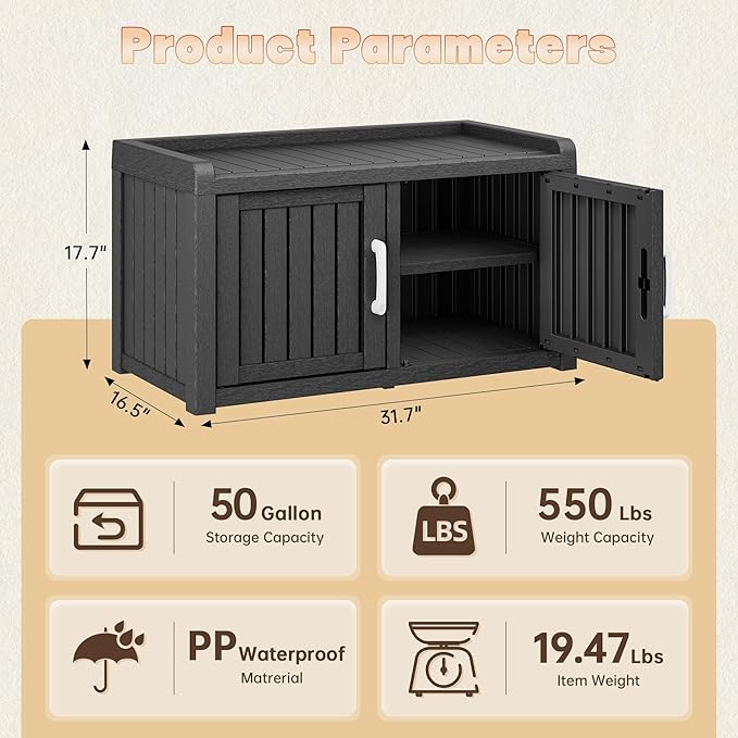 KAMABOKO Outdoor Shoe Storage Cabinet, Waterproof UV-Resistant Entryway Storage Bench Indoor Outdoor with 2 Barn Doors, Adjustable Shelves for Entryway, Bedroom, Hallway,Living Room(Jet Black)