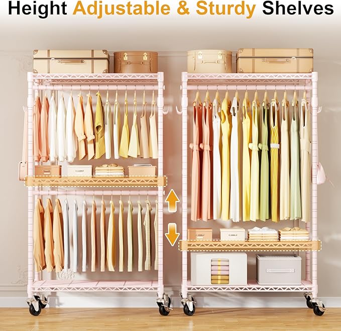 ULIFHOME P1 Rolling Closets with Wheels and Shelves, Portable Closet Wardrobe for Clothes Hanging, Pink Clothing Storage and Organizer System for Bedroom, 35.5" W x 15.7" D x 80.5" H, Hold 500lbs