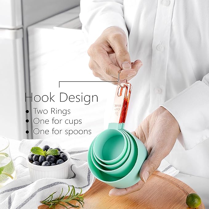 Rose Gold Stainless Steel Handle Measuring Cups and Spoons Set, 8 Piece Stackable Accurate Tablespoon for Measuring Dry and Liquid Ingredients Small Teaspoon with Plastic Head (Green)