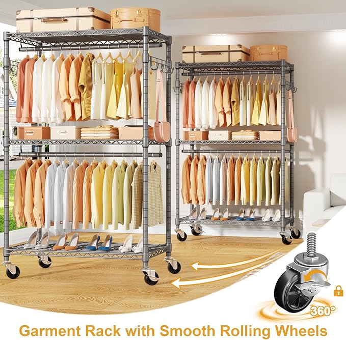 ULIFHOME P1 Rolling Clothing Rack with Lockable Wheels, Heavy-Duty Garment Rack for Hanging Clothes, Portable Closet Wardrobe with Shelves, 35.5" W x 15.7" D x 80.5" H, Hold 500lbs, Grey
