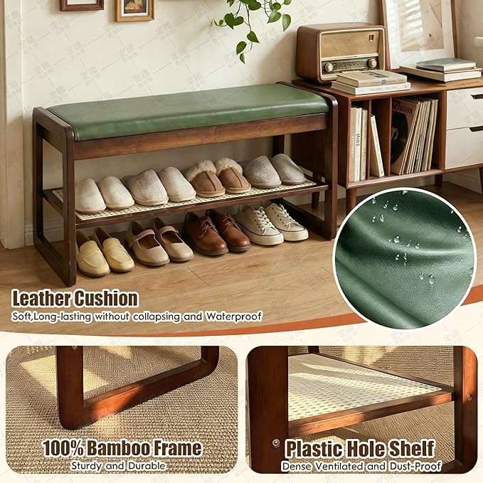 Shoe Rack Bench 2 Tier 27.6'' Bamboo Entryway Bench with Cushion and Hidden Storage Hold up to 300 lb Shoe Organizer for Hallway, Closet, Front Door Entrance, Foyer , Living Room Bedroom(Green)