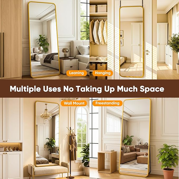 Antok 48''x 14'' Full Length Mirror Over Door, 4-in-1 Standing Leaning Wall Mounted, Adjustable Hanging Mirror for Bedroom Living Room, Gold, Rounded Corner