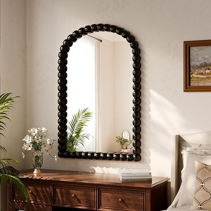 24"×36" Black Arched Bathroom Vanity Mirror, Vintage Beaded Decorative Wall Mounted Makeup Mirror, as Wall Decor Hanging Leaning for Fireplace Mantle, Living Room, Bedroom, Vanity Area