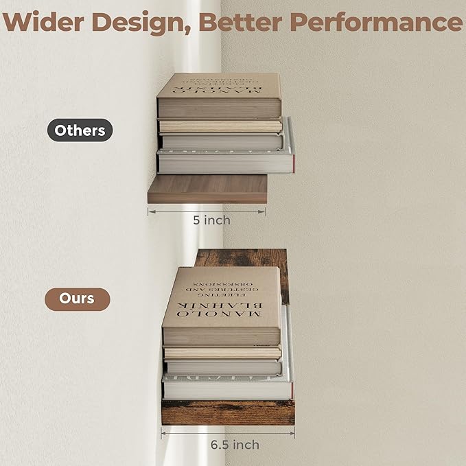 Venusmiles Floating Shelves for Wall, 48 Inch Floating Shelves Set of 1, 6.5" D Wooden Wall Mounted Display Shelves with Invisible Brackets for Living Room, Bedroom, Bathroom, Kitchen Decor, Brown