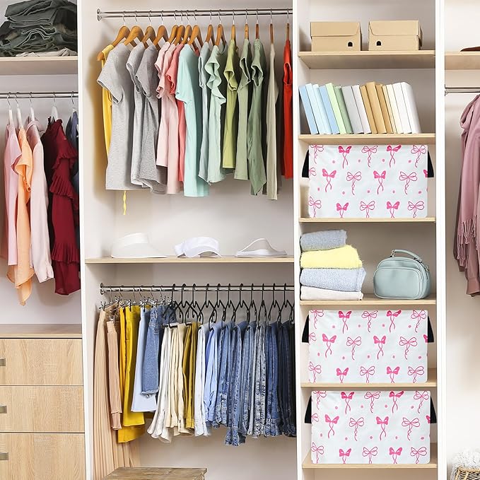 Storage Bin for Shelves Rectangle Closet Baskets Foldable Box with Handles, Pink Bowknot Storage Basket, Storage Boxes for Home Office Car Dormroom