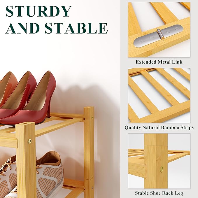 Smiry Bamboo Shoe Rack, 2 Tier Free Standing Wooden Shoe Organizer, Stackable Wood Shoe Storage Shelf for Closet, Entryway, 12 Vertical Slats, One-piece Standard Legs, 26.8"x11"x13", Natural