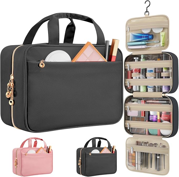 Travel Toiletry Bags, Portable Travel Bag with Hanging Hook for Women, Waterproof and Hanging Makeup Bag Travel Organizer Accessories for Travel Essentials (Black, Medium)