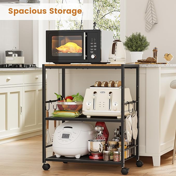 Rolling Kitchen Microwave Cart, 3-Tier Microwave Stand with Adjustable Shelf, Kitchen Storage Cart on Lockable Wheels, Coffee Bar Cart Shelf Rack Organizer for Kitchen, Living Room, Office, Balcony