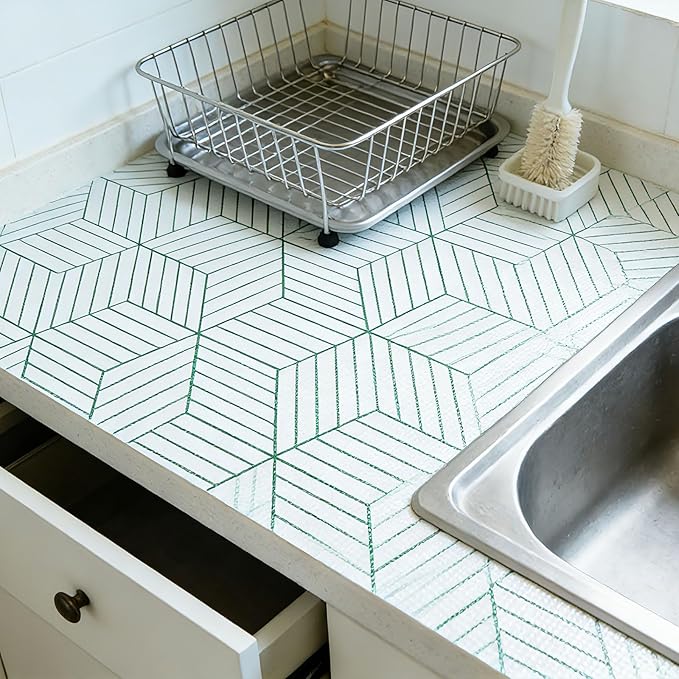 Green Geometric line Pattern Shelf Liners, Non-Adhesive and Anti-Slip Thickened Drawer Liners, Easy to Clean, Kitchen cabinets, toolboxes, refrigerators, Including Tools. 17×236.22 inches.