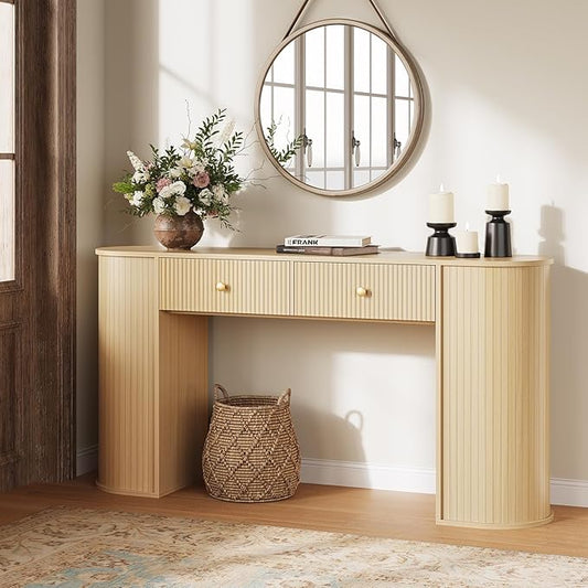59" Fluted Console Table with 2 Drawers - Wood Entryway Table with Storage, Long Modern Sofa Tables Behind Couch with Curved Leg for Living Room, Entry, Hallway, Entrance, Foyer, Oak Natural