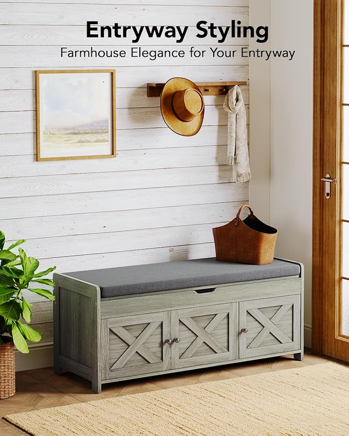Pipishell 2-Tier Shoe Storage Bench with Cushioned Seat, Entryway Bench with Adjustable Shelf & Barn Doors, 300 lbs Capacity, 39.4" W x 16" D x 18" H, for Entryway, Bedroom, Living Room, Gray