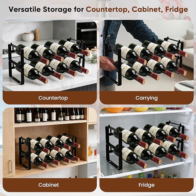 Wine Rack for Countertop – Stackable Freestanding Bottle Organizer for Kitchen, Pantry, Bar Cabinet & Small Spaces – Compact Metal Shelf & Modular Storage Stand (2 Tier)